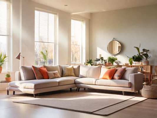 A bright, clean living room with sunlight streaming in.