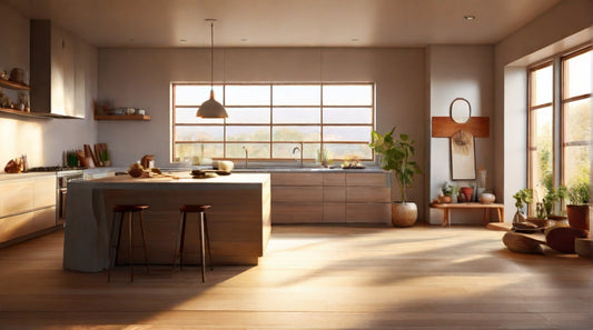A modern kitchen with sunlight streaming in through the window, highlighting clean floors. A steam mop stands in the corner.