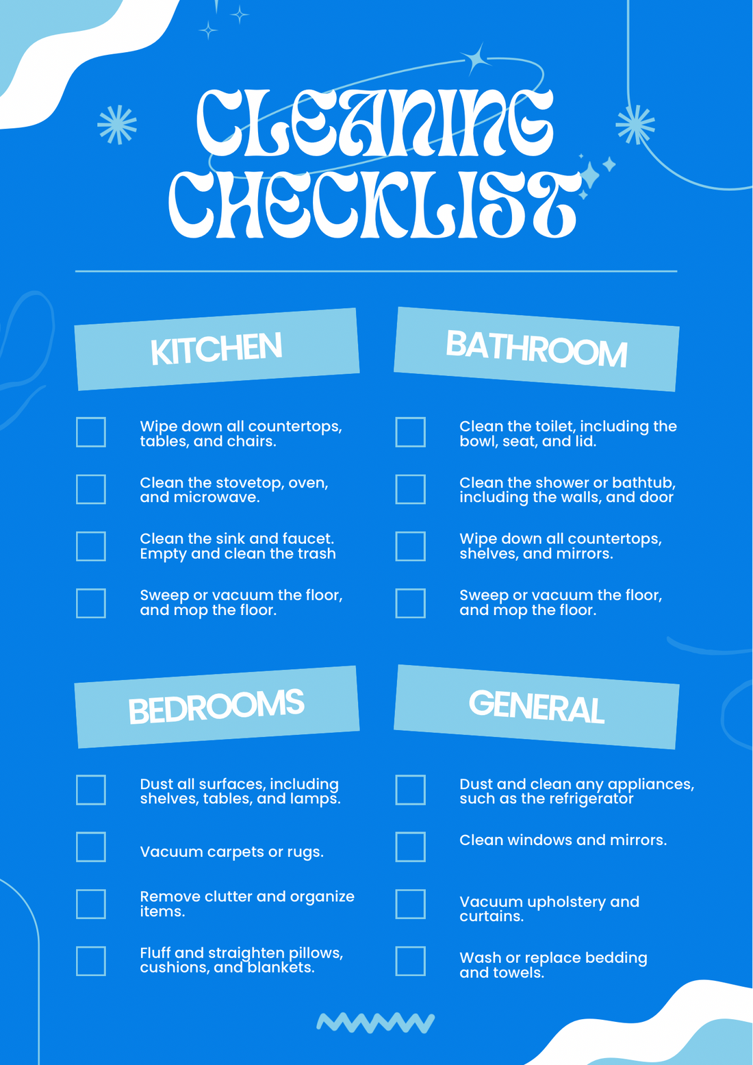 A checklist with cleaning tasks for different rooms of a house, next to a basket of cleaning supplies